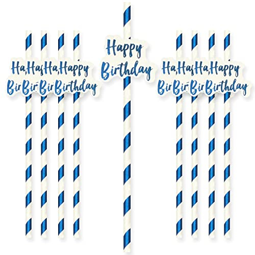 AKH® Metallic Happy Birthday Paper Straws | Pack of 10 | Party Decoration Accessories Drinking Straw Disposable Tableware | Colorful Celebration Novelty Unique Party Straws (Blue)