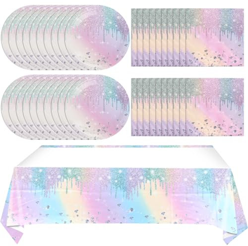 Juhap Iridescent Diamond Birthday Party Supplies Decorations, Disposable Holographic Paper Tableware Includes 20 Plates 20 Napkins and 1 Tablecloth for Girls Kids Birthday Theme Party, Serve 20