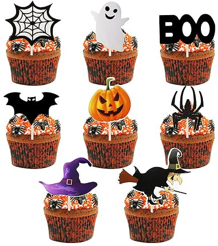 CHEERYMAGIC Halloween Cake Topper, 48PCS Halloween Cupcake Toppers with Pumpkin Ghost Bat Spider Cake Decorations for Halloweens Theme Party Decor Supplies A9WSZTDGZS