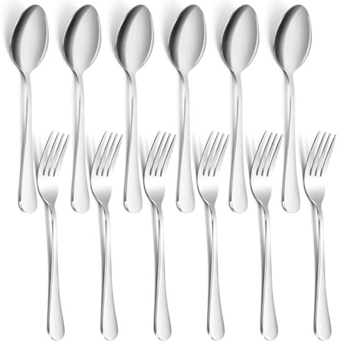 12 Pieces Spoons and Forks Set,Food Grade Stainless Steel Flatware Cutlery Set,6 Forks(6.8 inch) and 6 Spoons(6.6inch) Silverware Set for Home,Kitchen,Restaurant-Mirror Polished & Dishwasher Safe