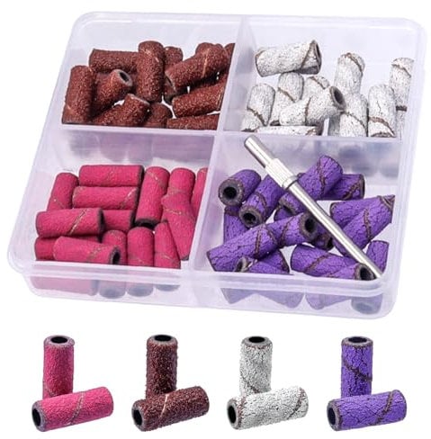 Mesee 60 Pieces Sanding Bands for Nail Drill, 4 Colors Small Sanding Band Nail Drill Bits 80# 120# 180# 240# Coarse Medium Fine Grit Efile Sand Set with Mandrel for Acrylic Nails Manicures Pedicures