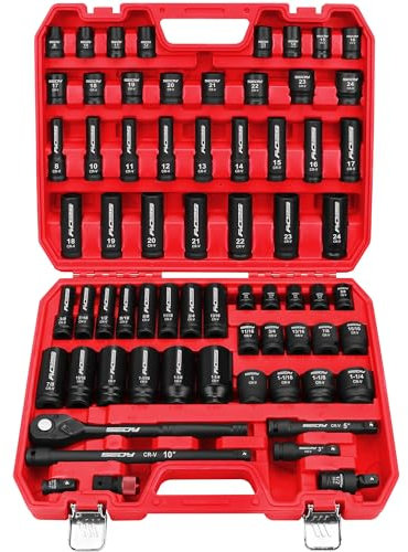 1/2 Drive Impact Socket Set: 67-Piece Standard & Deep Master Impact Socket Set SAE 3/8-1-1/4 & Metric 8-24mm Socket Set with Ratched Hand, Extension Bar, Reducer, Impact Universal Joint，Cr-V