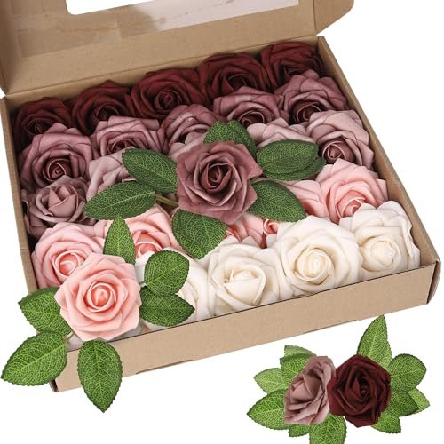Xsstarmi 25 Pack Artificial Flowers Cake Topper Decoration with Box Foam Flower Rose Cake Pick Decorations for Birthday Wedding Anniversary Party DIY Cake Decorations Gradient Pink Red