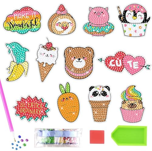 Kisstta 12 Stk Diamond Painting Aufkleber, 5D DIY Cartoon Diamond Painting Stitch, Diamanten Tiere, klebbar Diamant-Malerei (Farbe)