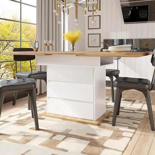 PUGSDRLY Table a Manger Extensible,Table Salle à Manger Rectangulaire 110-140×80x75cm avec Espace de Rangement,Moderne Minimaliste,pour Cuisine Salon et Bureau (Blanc-A)
