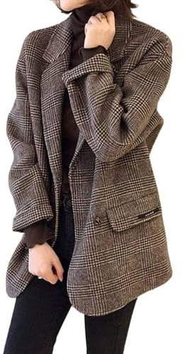 LIUYUYOUGO Manteau Laine Femme Veste Blazer À Carreaux Pied-De-Poule Pour Femme Marron Vintage Manteau Caban À Revers Cranté Veste De Costume Croisée En Mélange De Laine De Travail Él