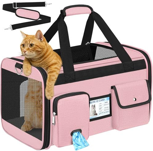 TEUEN Weichseitige Katzentransportbox Flugzeugtauglich Faltbare | Hundetasche bis 9 kg 360° Belüftung Sicherheitsreißverschluss & Innenleine, kratzfestes 600D Oxford für Reisen/Auto/Tierarzt
