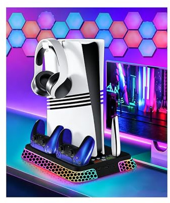 Supporto per PS5 con estetica esagonale RGB, stazione di raffreddamento PS5 per PlayStation 5 Slim Pro Disc console digitale con ventola di raffreddamento, doppio controller caricabatterie rapido hub