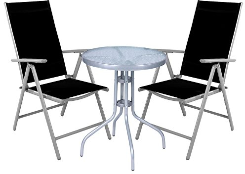 Mojawo® – Ensemble Bistro – 3 pièces – Table Bistro en Verre/métal Ronde 60 cm Argent + 2 Fauteuil/Chaise Position Chaise Pliante en Aluminium/textilène Argent/Noir