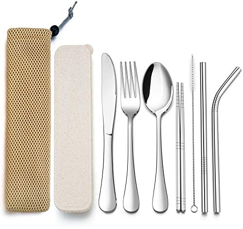 TEAMFAR Campingbesteck, 9-teilig Outdoor Reisebesteck Wanderbesteck aus Edelstahl, Picknick Besteck Set mit Messer Gabel Löffel, Essstäbchen, Metallstrohhalme, Reinigungsbürste, Tragbar Etui & Tasche