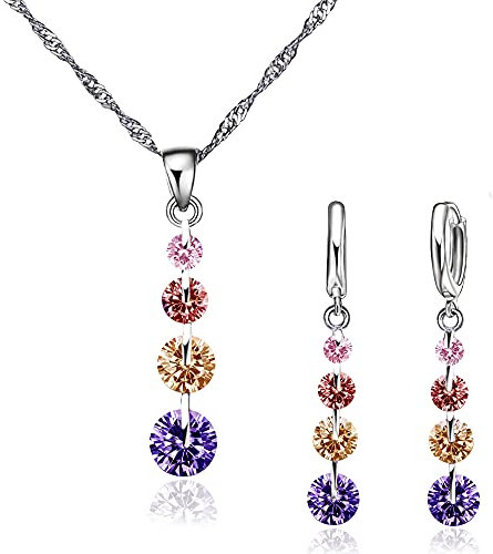 Crystalina Schmuckset aus 925er Silber für Damen, Halskette und Ohrringe mit Zirkonia, Geschenk für Damen (Farben)