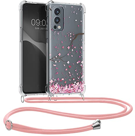kwmobile Necklace Case kompatibel mit OnePlus Nord 2 5G Hülle - Silikon Cover mit Handykette - Rosa Dunkelbraun Transparent Kirschblütenblätter