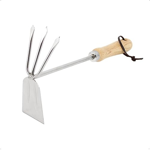 Rekord Doppelhäckchen (Edelstahl) mit Holzgriff und Aufhängeband Breite: 6,5 cm 3 Zinken, Doppelhacke, Gartenhacke, Kombihacke, Unkrautentferner, Grubber