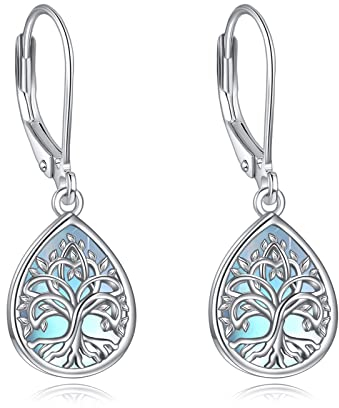 YFN Baum des Lebens Ohrringe Sterling Silber Mondstein Dangle Family Tree Schmuck Geschenke für Mädchen Frauen