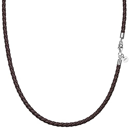 Viwind Echt leder Halskette 2.5mm/3mm breit geflochten Lederkette Lederband 45-60cm wählbar 925 Sterling Silber Vers chluss Damen Herren für DIY Anhänger Schmuck mit Geschenkbox (Braun, 45.00)