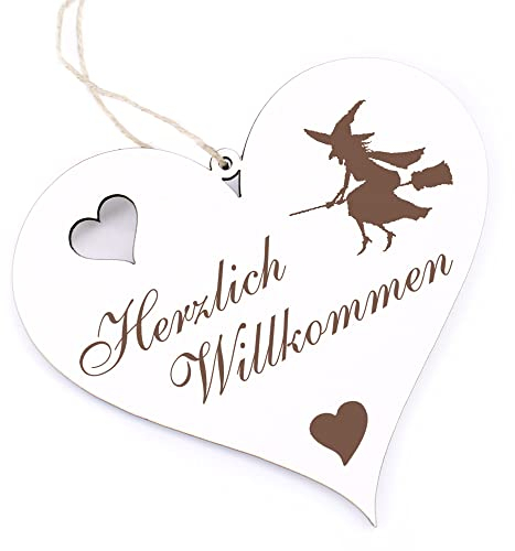 Herzlich Willkommen Schild - Hexe auf Besen - Deko Herz Holz Willkommensschild Türschild Dekoschild Türdeko