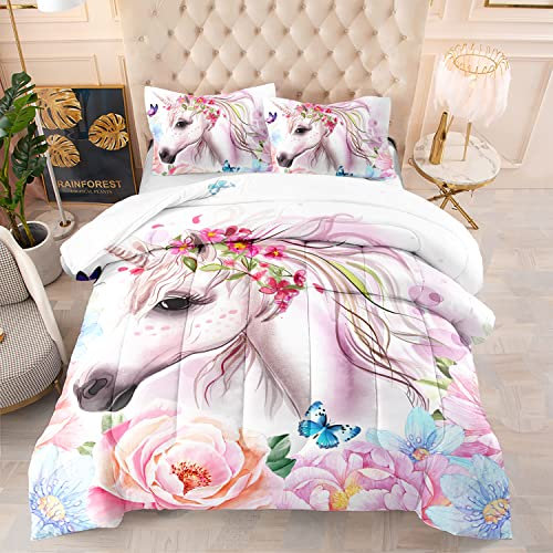 CVHOUSE Pink Horse Tröster-Set für Doppelbett, Blumen, rosa Pferd, weich, atmungsaktiv, Bettwäsche-Set für Kinder, Mädchen, Frauen, 3-teilig, 1 Steppdecke und 2 Kissenbezüge