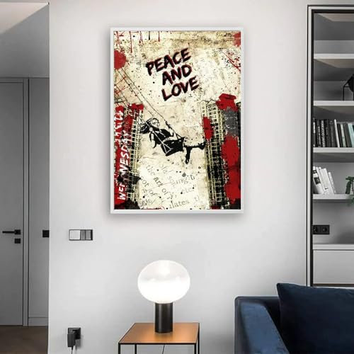 Blue Booms Peace & Love Girl on Swing Graffitti Street Art Cadre en verre acrylique 100 x 150 cm Blanc