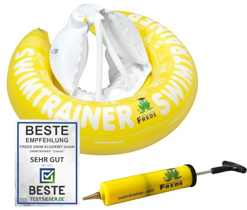 FREDS SWIM ACADEMY SWIMTRAINER Classic Gelb + Handpumpe – Schwimmset für Kinder von 4 bis 8 Jahren, aufblasbare Schwimmhilfe mit praktischer Pumpe für schnelles Aufblasen