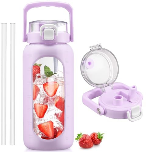 BLUEGO 64oz Glass Water Bottle with Handle and Straw, Motivational Sports Water Bottle with Time Marker and Silicone Sleeve Leakproof Drinking Bottle for Travel Gym Workout, Purple