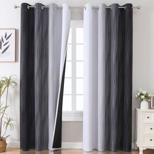 VEHEDE Vorhänge Farbverlauf Schwarz und Weiß Verdunklungsvorhänge Schlafzimmer Gardinen mit Ösen, Thermovorhang Kälteschutz Blickdicht, Wohnzimmer Ombre Blackout Curtains, H 214 x B 132 cm, 2er Set