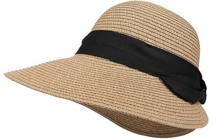 Feelorna Chapeau de paille pour femme - Protection UV - Avec large bord - Respirant - Pliable - Pour la plage - Pour les voyages et les vacances, marron, taille unique
