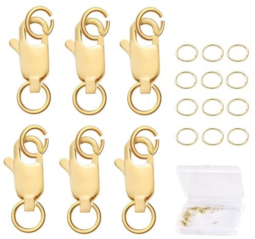 6PCS 18K Gold Lobster Clasps Gold Plated Lobster Claw Clasps 12x6mm(0.47x0.24 in) with 12Pcs Open Jump Rings Set for DIY Craft Bracelet Necklace Jewellery Making