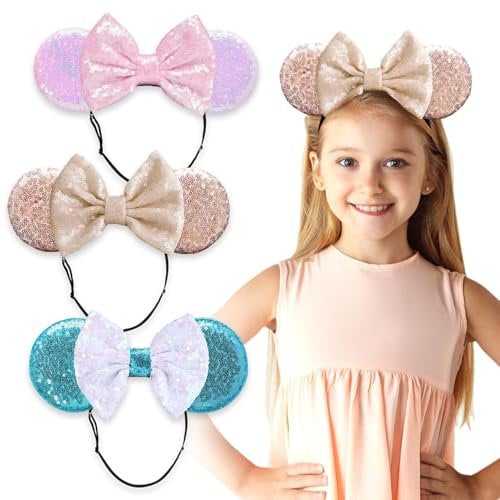 EATAN Ears Headbands, 3PCS Shiny Sequin Bow - Elastic and Adjustable Headband Headache Free - Mouse Ears For Girls Glitter Minnie Ears for Women (Princess)
