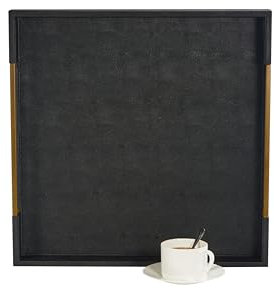 Airdream 16x16 Black-Gold Modern Square Serving Tray, Faux Leather with Brushed Gold Handle, 2 lbs Capacity, Perfect for Living Room, Coffee Table, or Occasions