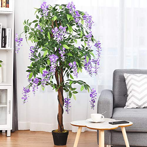 TANGZON 150CM/180CM Artificial Wistera Tree, Fake Ficus Tree with Flowers, 840/1260 Leaves & Cement Pot, Indoor Outdoor Decorative Faux Plant for Home Office Garden (1, Green+Purple, 150CM/5FT)