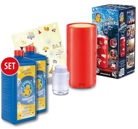 PUSTEFIX Seifenblasenmaschine Bubble Fireworks & 2 x 1L Nachfüllflasche I Seifenblasen Kinder Set mit Seifenblasen Flüssigkeit I Spaß an Silvester