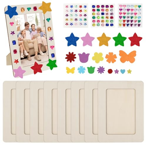 JABNOW 8 Stück Kinder Bilderrahmen Set, 19 x 14 cm Holzbilderrahmen zum Basteln, Bilderrahmen mit Selbstklebende Glitzersteine Sticker, Holzrahmen für Kinder Tischdisplays Handwerk Malen