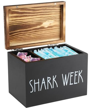 Gzsekken Shark Week Period Box with Lid,2-Compartment Tampon Holder & Sanitary Storage Box,Rustic Wood Bathroom Box Sanitary Pad Tampax Organiser for Women, Feminine Products Caddy-Black