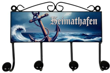 Anker Heimathafen Kleiderhaken Leiste mit 4 Haken maritim Perfekt für maritime Deko-Wandhaken im Retro-Design