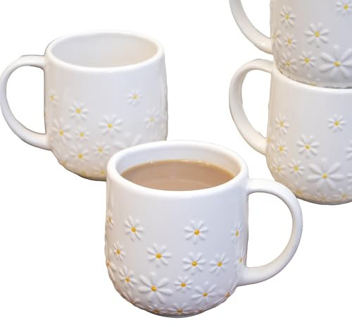 Set of 4 White Daisy Mugs 360ml Ceramic Embossed Flower Hand Painted Coffee Cups