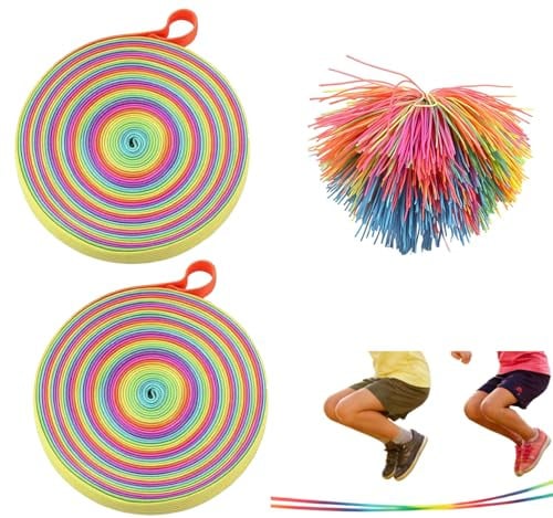 KRYMXAR 2Stück Gummitwist, Gummi Twist Mädchen, Gummitwist Kinder, Pausenspiele Grundschule, Gartenspiele, Hüpfgummi,1Stück Setwuschelball , Bewegungsspielzeug für 6-12 Jahre