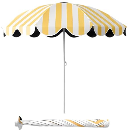 XQJLBZA Parasol de Plage Bohème Rayé Jaune et Blanc Ø 155 cm, Parasol de Jardin Portable Extérieur avec Protection UV 50+, Imperméable, Hauteur Réglable, pour le Camping et les événements Sportifs