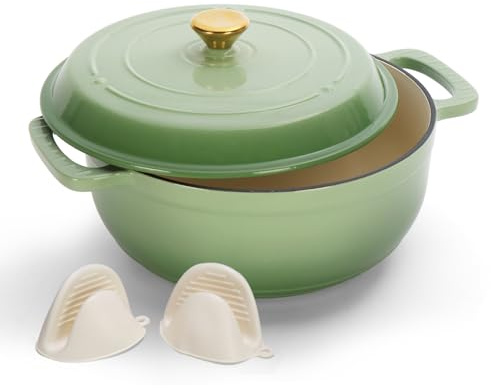 ROVSON Enamelled Cast Iron Dutch Oven, Casserole Dish with Lid and Silicone Gloves, Oven Safe Pot for Bread Baking, Braising and Stews (Gradient Green, 5QT)