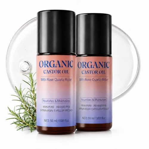 2 Stück Bio Rizinusöl Roll On mit Rosenquarz-Roller, Rizinusöl Kaltgepresst Bio für Haut, Castor Oil Roller für Nagelhaut, Augenbrauen & trockene Hautstellen, tägliche Feuchtigkeitspflege