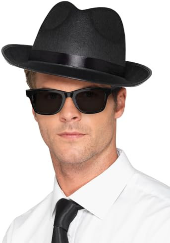 Smiffys 20-er Fedora-Hut, Breit krempig Schwarz, mit elastischem Innenrand