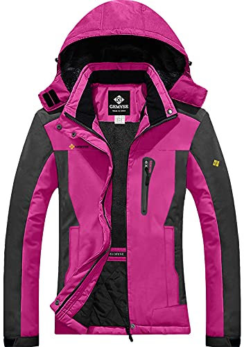 GEMYSE Damen Wasserdichte Berg-Skijacke Winddichte Fleece Winterjacke mit Kapuze (Rosenrot Grau,XL)