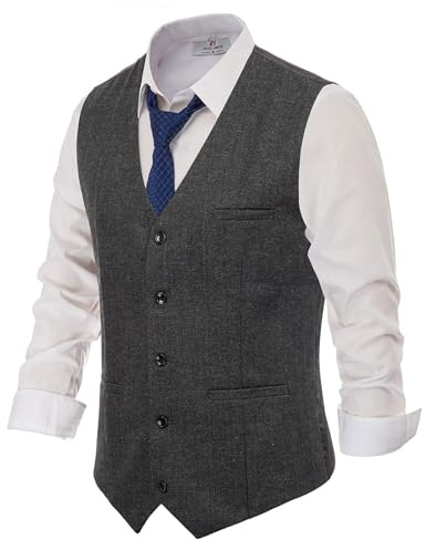 PJ PAUL JONES Herren Fischgräten-Tweed-Anzugweste aus Wollmischgewebe, grau dunkel, Medium