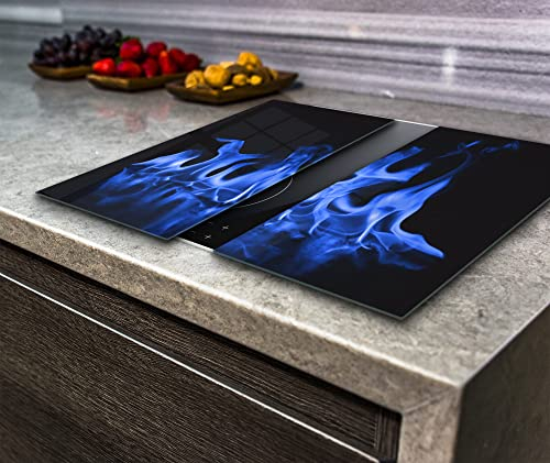 Hob Cover Induction Electric Cooker Chopping Board Glass Set 2 Parts Blue Fire