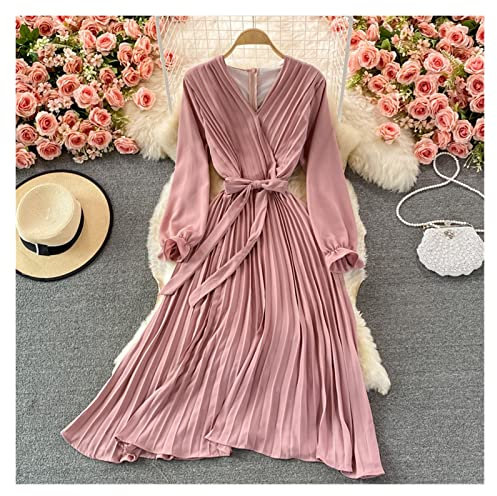 YANYUESHOP Slim Fit Longue en Mousseline de Soie Plissée Femmes Robes Couleur Bonbon Col en V Cordon Robe à Manches Longues (Couleur : Rose, Taille : Taille Unique)