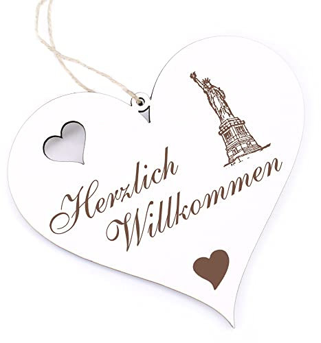 Herzlich Willkommen Schild - Freiheitsstatue New York - Deko Herz Holz Willkommensschild Türschild Dekoschild Türdeko