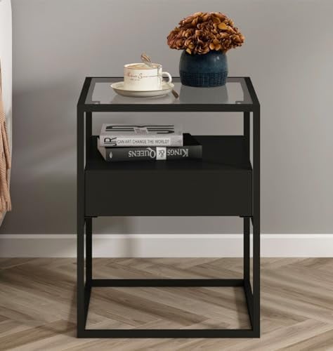 Hallowood Furniture Bewdley Small Black Metal Side Table with Glass Top & Drawer, Bedside & Console Table for Living Room & Hallway