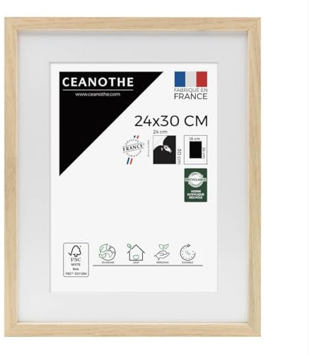 Ceanothe Cadre Photo Bois Chêne 24x30 cm avec Passe-Partout 18x24 cm - Bois Naturel FSC pour Diplôme Certificat et A4 - Verre acrylique Incassable Collection ALBA - Fabriqué en France