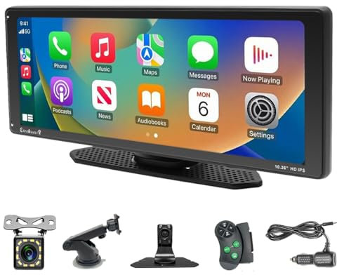 10.26 Inalámbrico Apple Carplay Android Auto Pantalla táctil portátil Estéreo para automóvil con cámara de 12 LED, Receptor de Radio para automóvil con Youtube Bluetooth Mirror Link SWC USB TF AUX