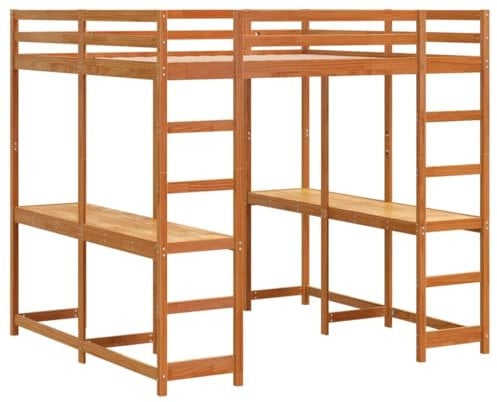 vidaXL Hochbett mit Schreibtisch & Leiter Braun 200x200 cm Kiefernholz, Hochbett mit Schreibtisch, Etagenbett Kinder, Hochbett Massivholz