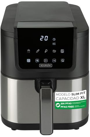 BOURGINI Air Fryer avec Revêtement Céramique Pro, Sans Substances Nocives (sans PFAS, C6, PFHxA, PTFE, PFOA et BPA), pour un foyer sans polluants éternels (Noire/Inox - 5 Litres)
